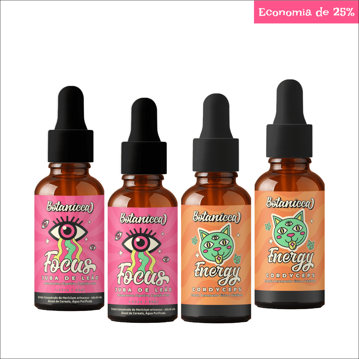 Kit : 2 Extratos Juba de Leão e 2 Extratos Cordyceps: Foco e Energia